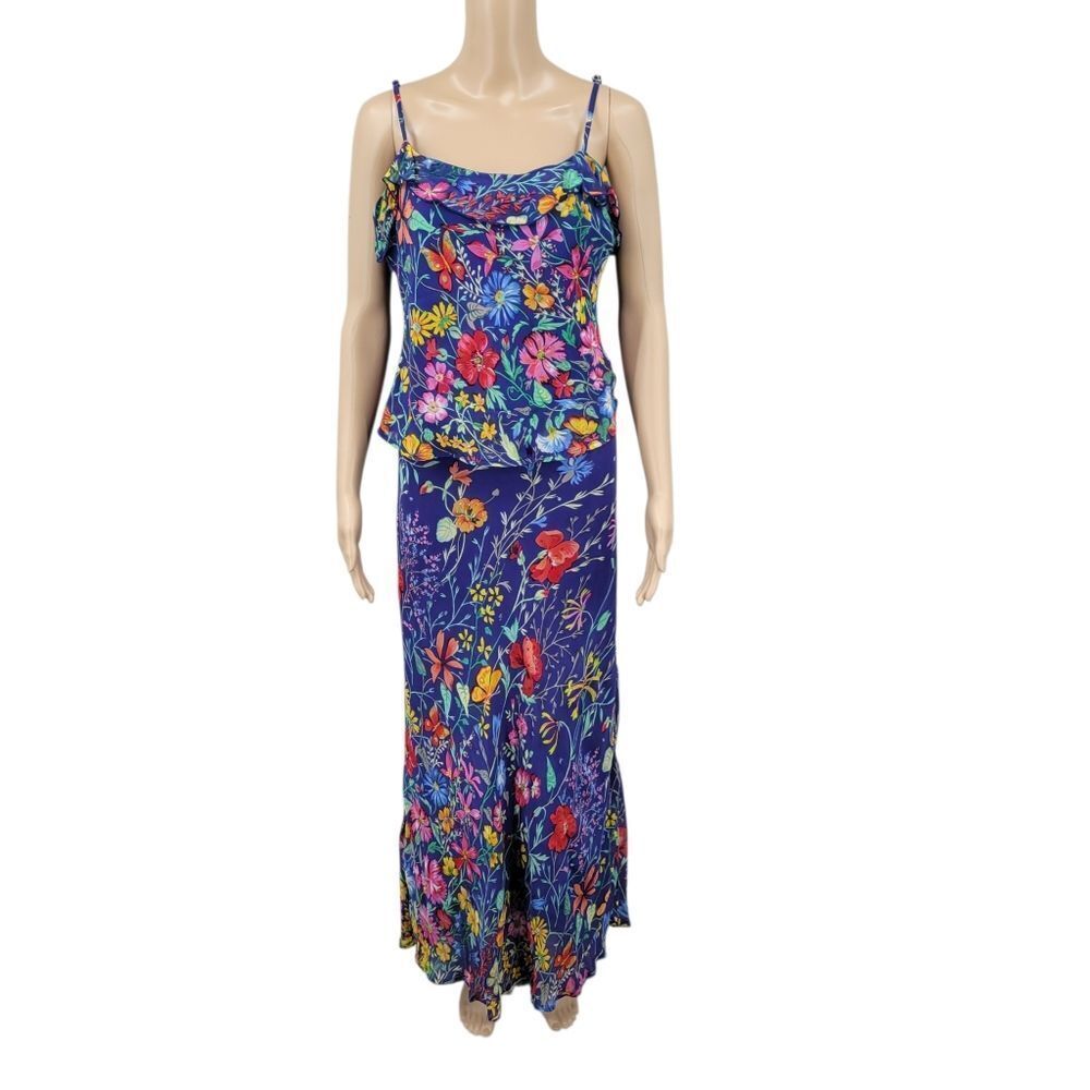 Rene Derhy Y2K Floral Butterfly Blue Maxi Chiffon Maxi Skirt and Cami Coord Set